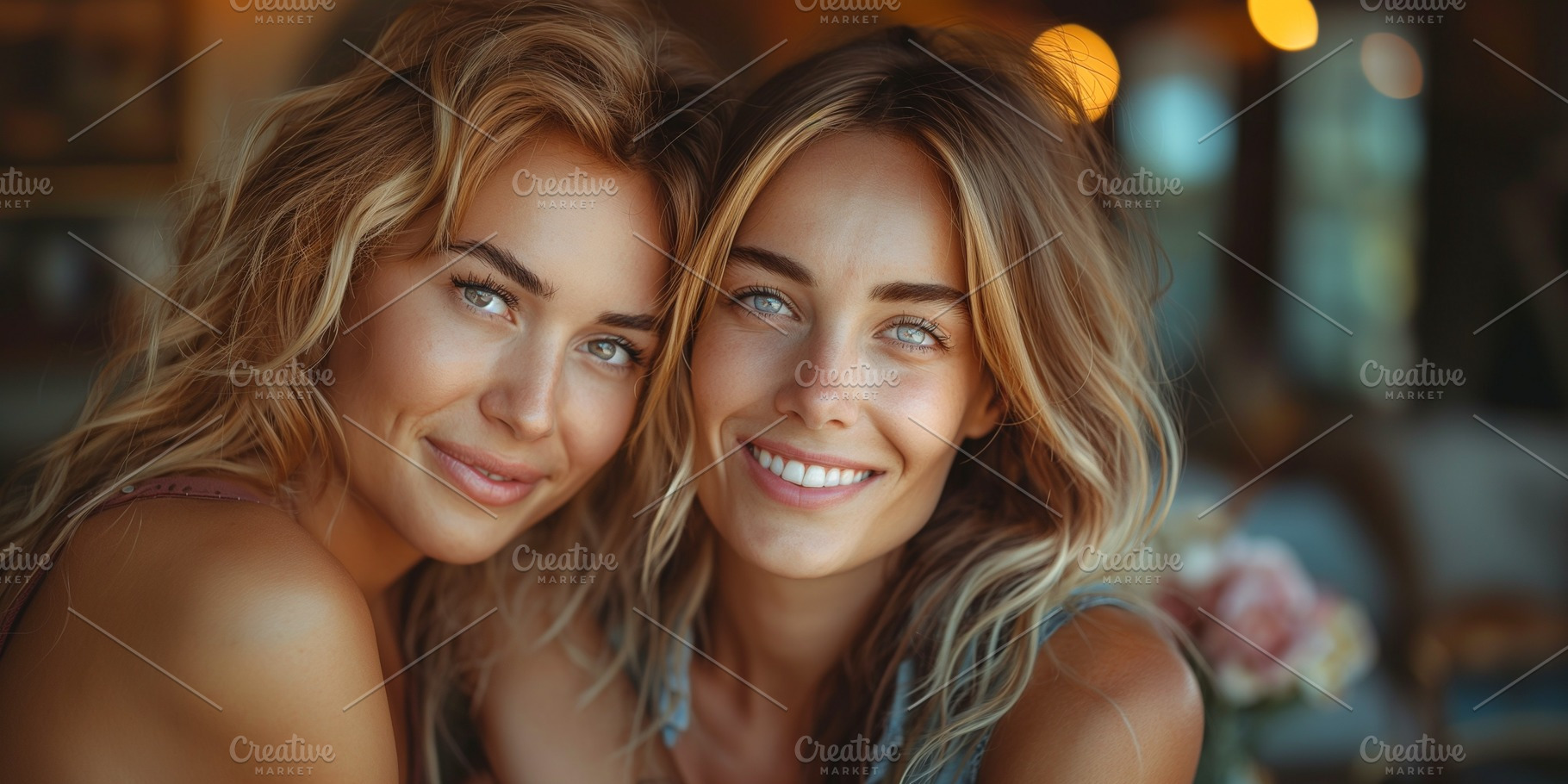 Two young Caucasian women smile warmly, showcasing their natural beauty and con, a Person Photo by ImageMir