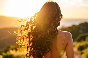 Young woman at nature with voluminous curly hair captured from b, a Health & Medical Photo by DanFLCreativo