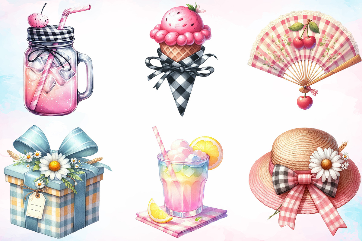 Watercolor Gingham Summer Clipart, a Seasonal Illustration by Canvas Craft (Photo 3 of 3)