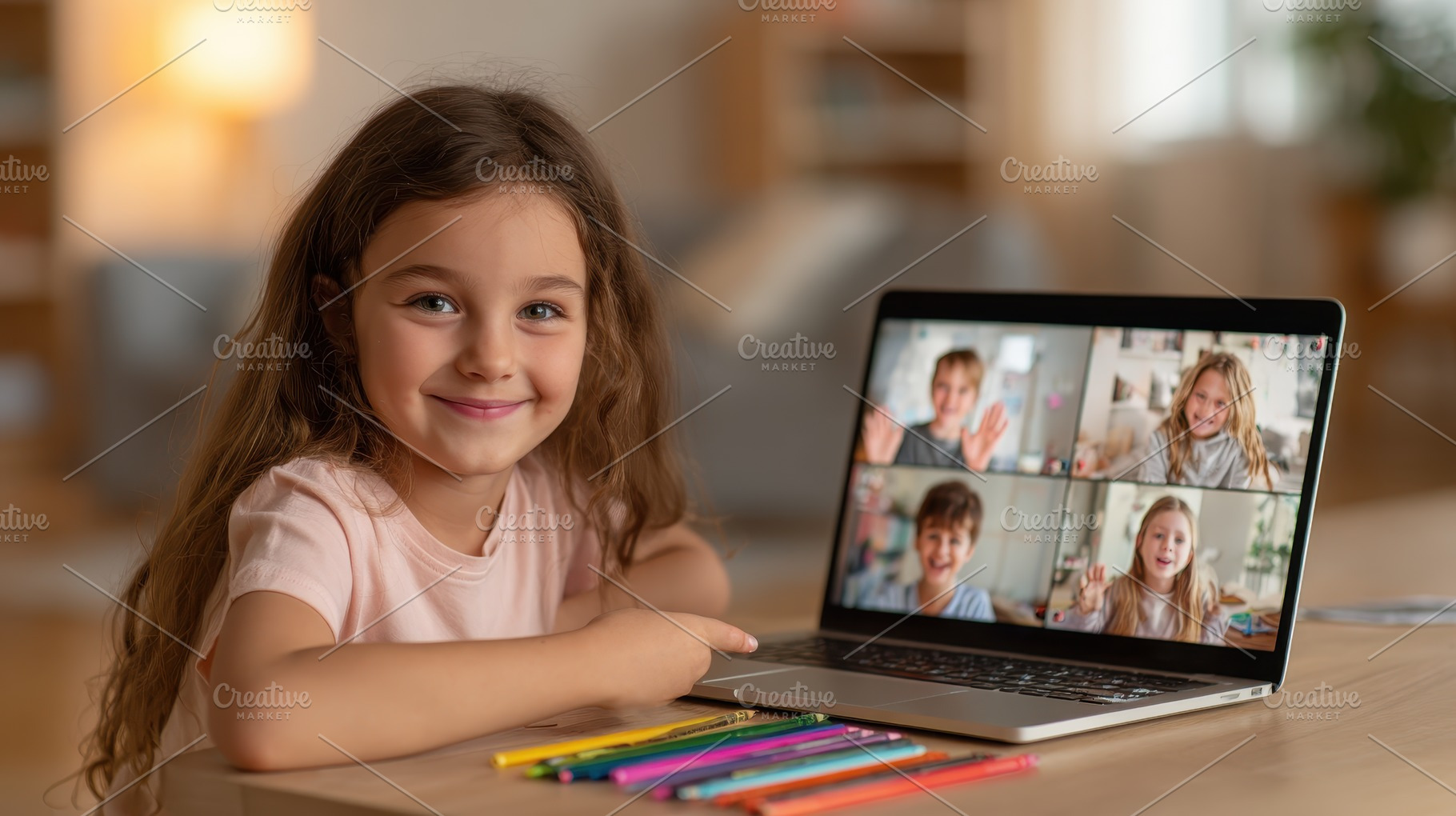 Girl smiles during online class with, a Photo by Pixeness Studio