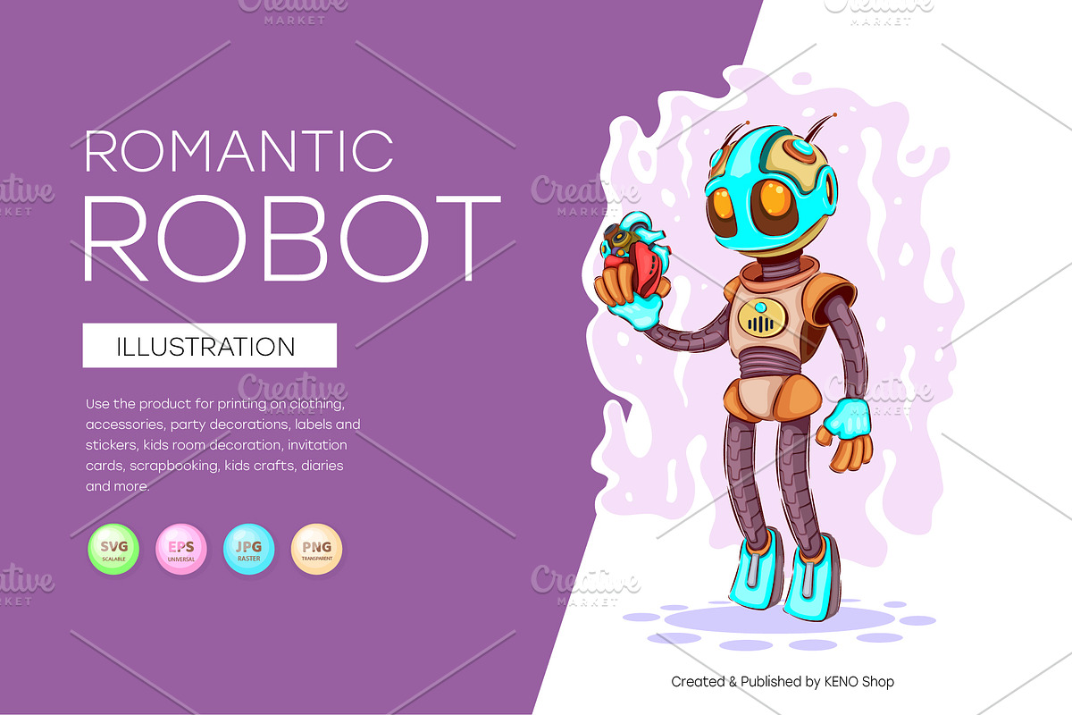 Romantic cartoon robot, Tshirt, PNG., an Animal Illustration by KENO Mascots (Photo 1 of 6)
