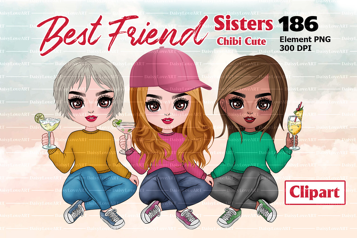 Best friends Chibi Cocktails Clipart, an Illustration by DaisyLoveART