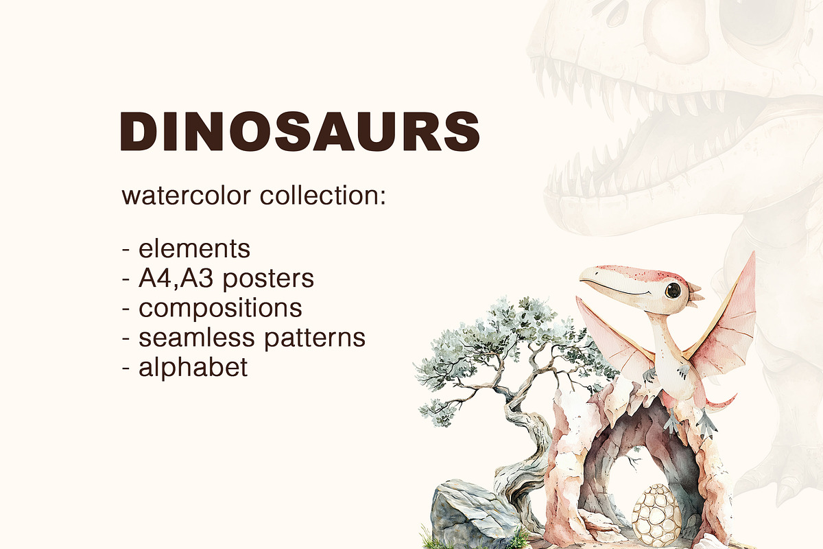Watercolor dino. Patterns, Clip Art, an Animal Illustration by Pattern + watercolor (Photo 2 of 15)