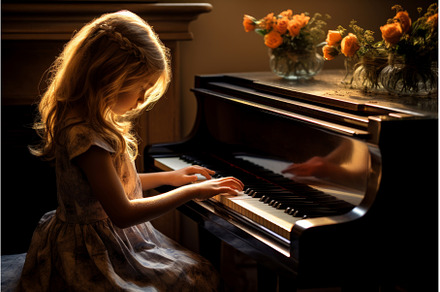 Serene Girl plays piano in light, a School & Education Photo by Ylivdesign