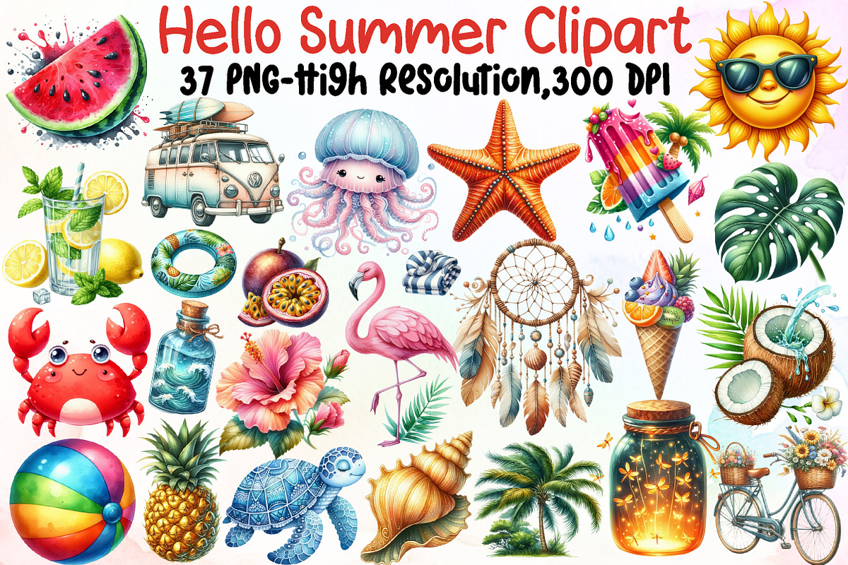 Watercolor Hello Summer Clipart, an Illustration by Sublimation Artist (Photo 1 of 6)