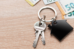 House keys with home shape keyring and euro currency