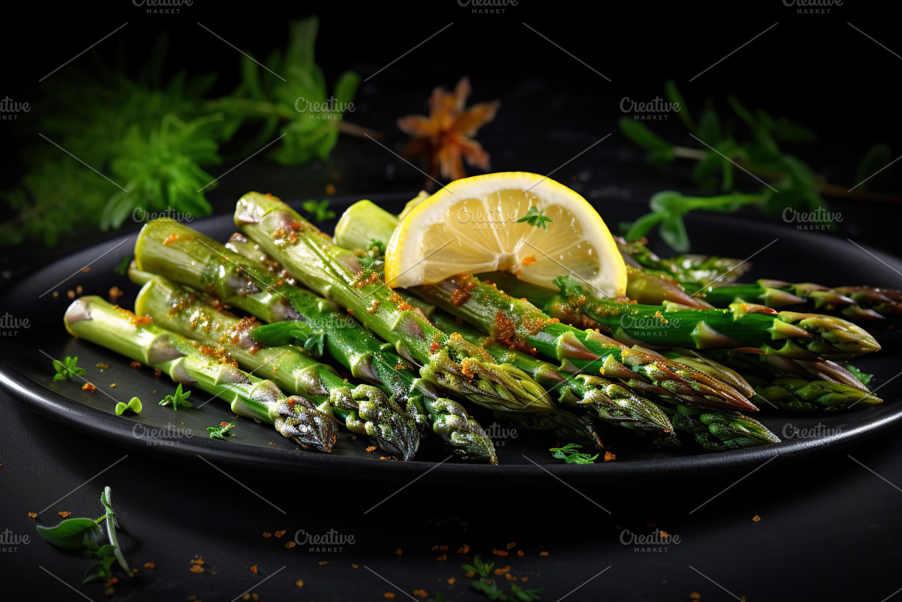 Baked asparagus with spices and lemon slices on dark background, a Food & Drink Photo by AlyaAnd