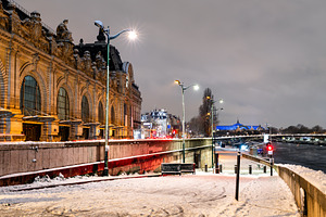 Orsay Museum and snowy Seine bank at