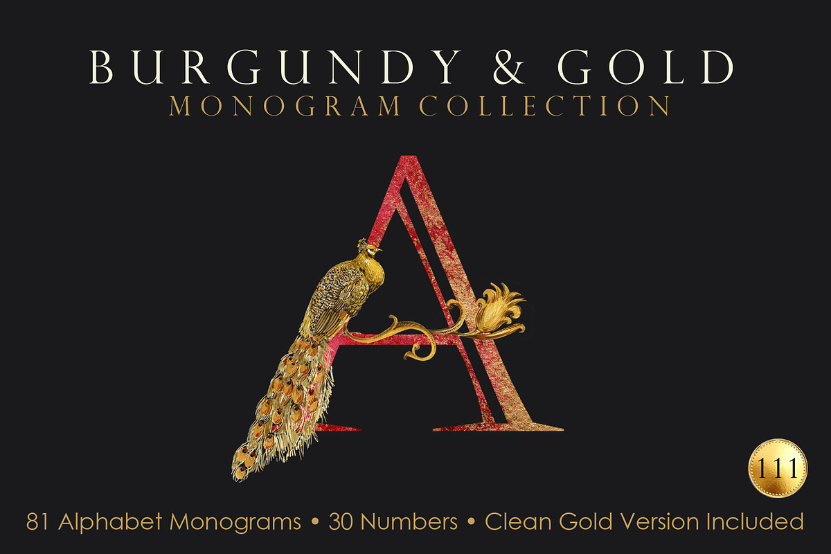 Peacock Gold & Burgundy Monograms, an Object Illustration by FineArt