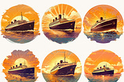 Vintage Cruise Ship Sunset Clipart, a Transportation Illustration by BusyDaydesign (Thumbnail 2 of 9)