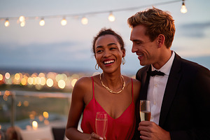 Couple enjoying an elegant evening on a rooftop with drinks under string lights, a Photo by AlyaAnd