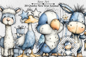 Quirky Happy New Year Animal Clipart, a Seasonal Illustration by Rose Art