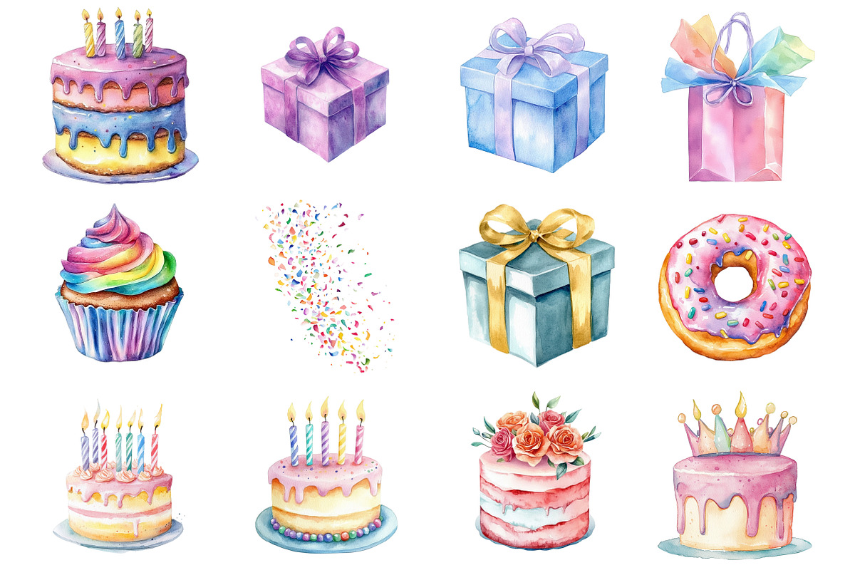 Watercolor Birthday Clipart, an Illustration by Design Market (Photo 2 of 3)