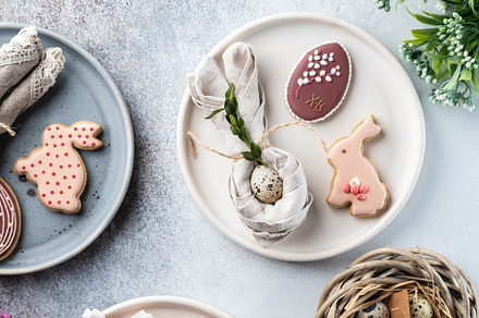 Table setting for the holiday of featuring easter, food, and spring