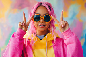 Pink-haired woman poses fun, a Photo by Beautiful things