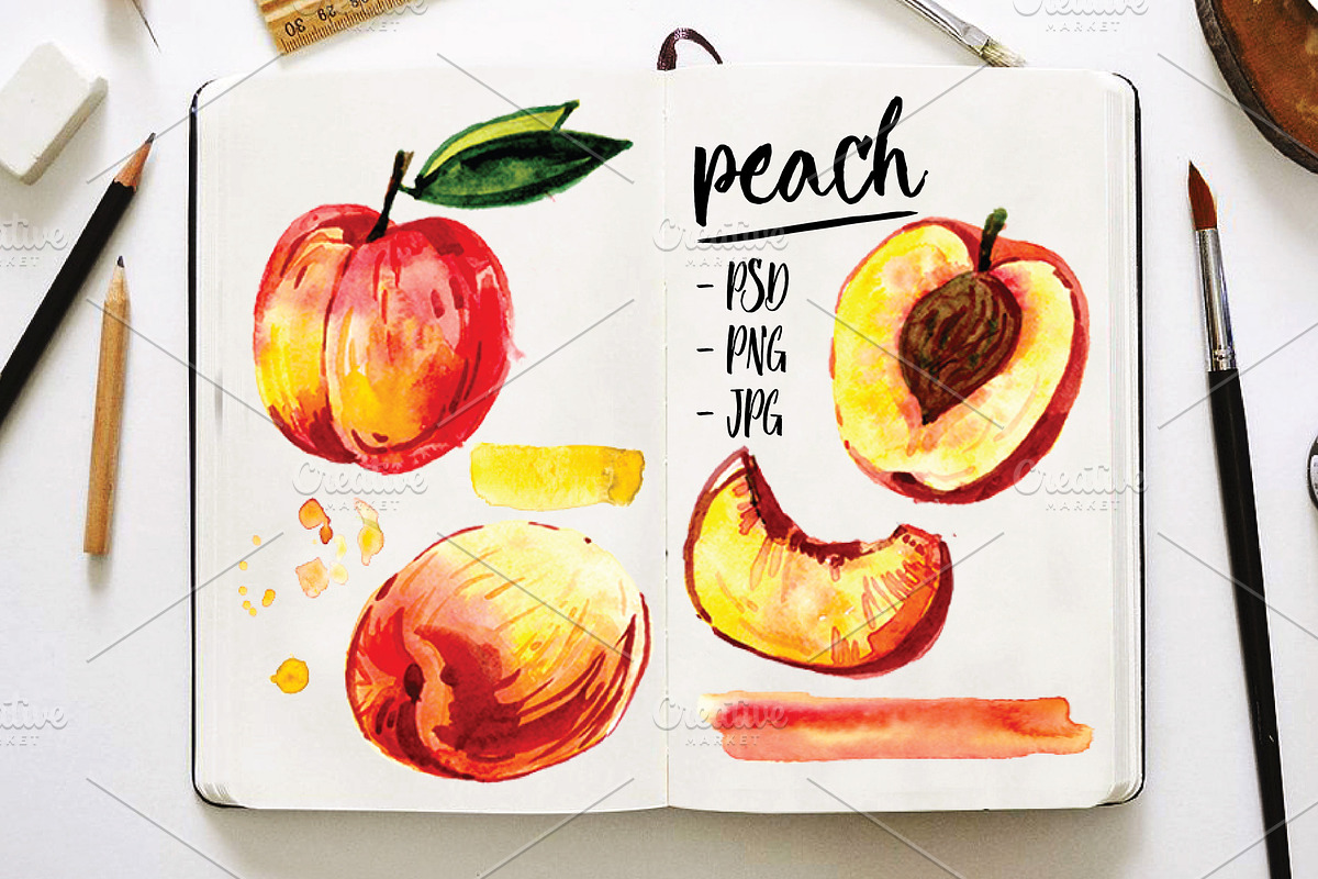 Peach, Watercolor, a Food Illustration by Olesya Morokhovets (Photo 1 of 2)