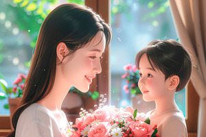 Digital illustration of a son giving roses to her mother, a Person Illustration by DanFLCreativo