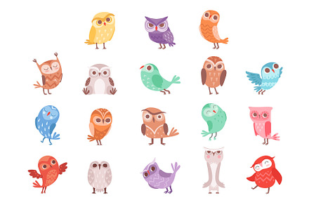 Cute cartoon colorful owls set, an Animal Illustration by TopVectors