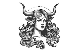 Mystical Woman With Horns Engraving