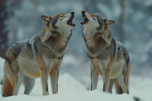 Two majestic grey wolves call out in a snowy forest, showcasing their wild beau, an Animal Photo by ImageMir