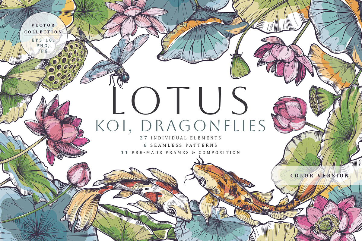 Lotus, Koi, Dragonflies. Vector Set, a Pattern Graphic by Molly art (Photo 1 of 14)