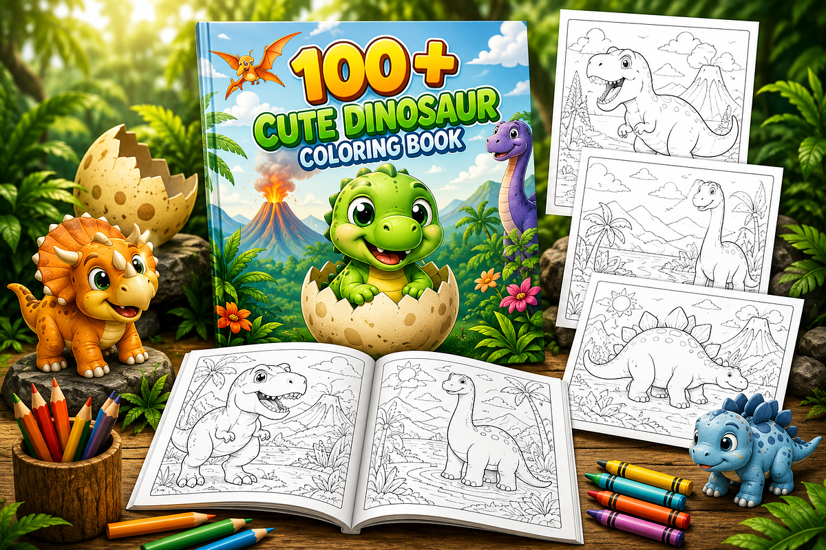 Cute Dinosaur Coloring Book Pages, an Animal Illustration by S Graphic Studio (Photo 2 of 4)