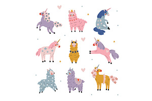Cute Llamas and Unicorns Set, an Animal Illustration by TopVectors