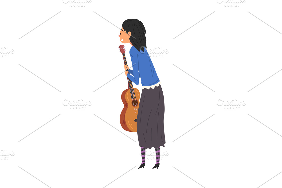 Young Woman with Guitar Standing, a Person Illustration by TopVectors
