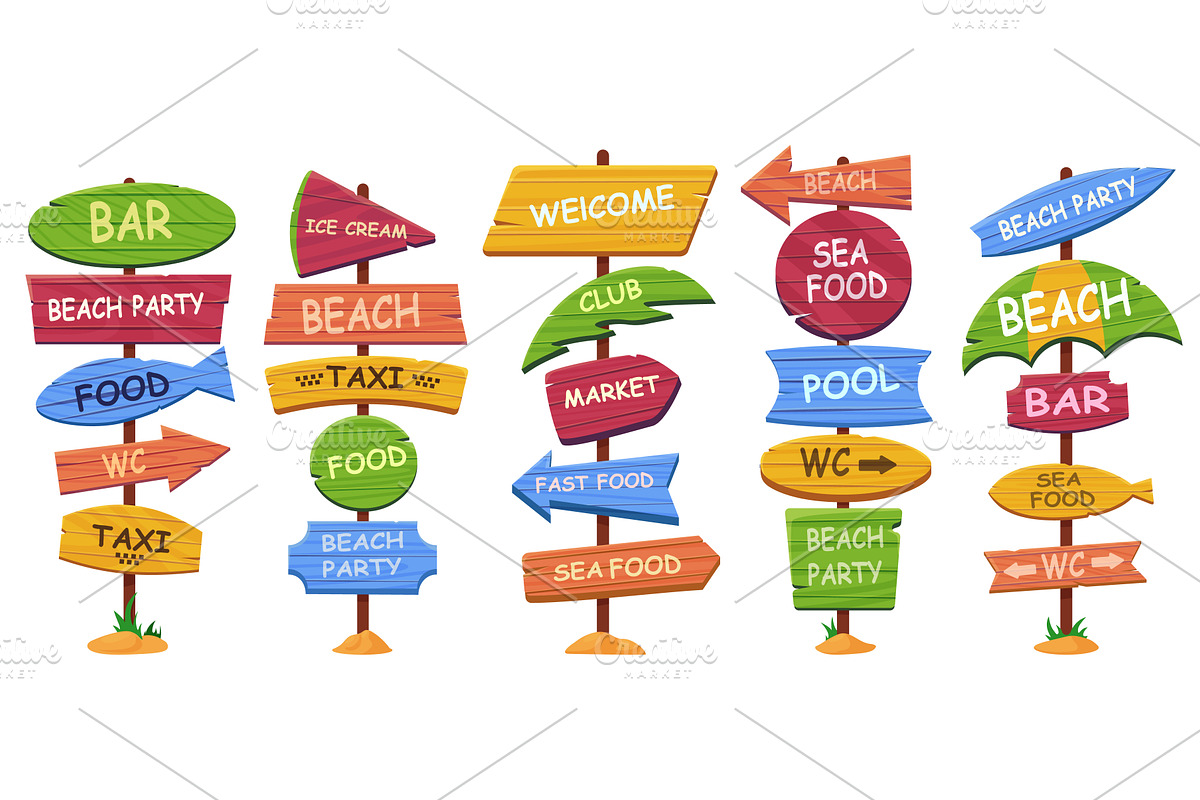 Wooden vibrant beach signposts. Sea, an Illustration by LadadikArt