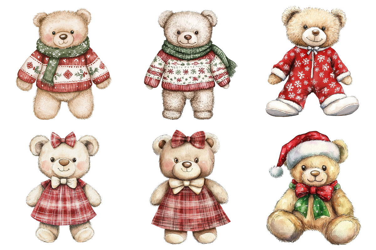 Watercolor Christmas Teddy Bear Clip, a Seasonal Illustration by CitraGraphics (Photo 3 of 7)
