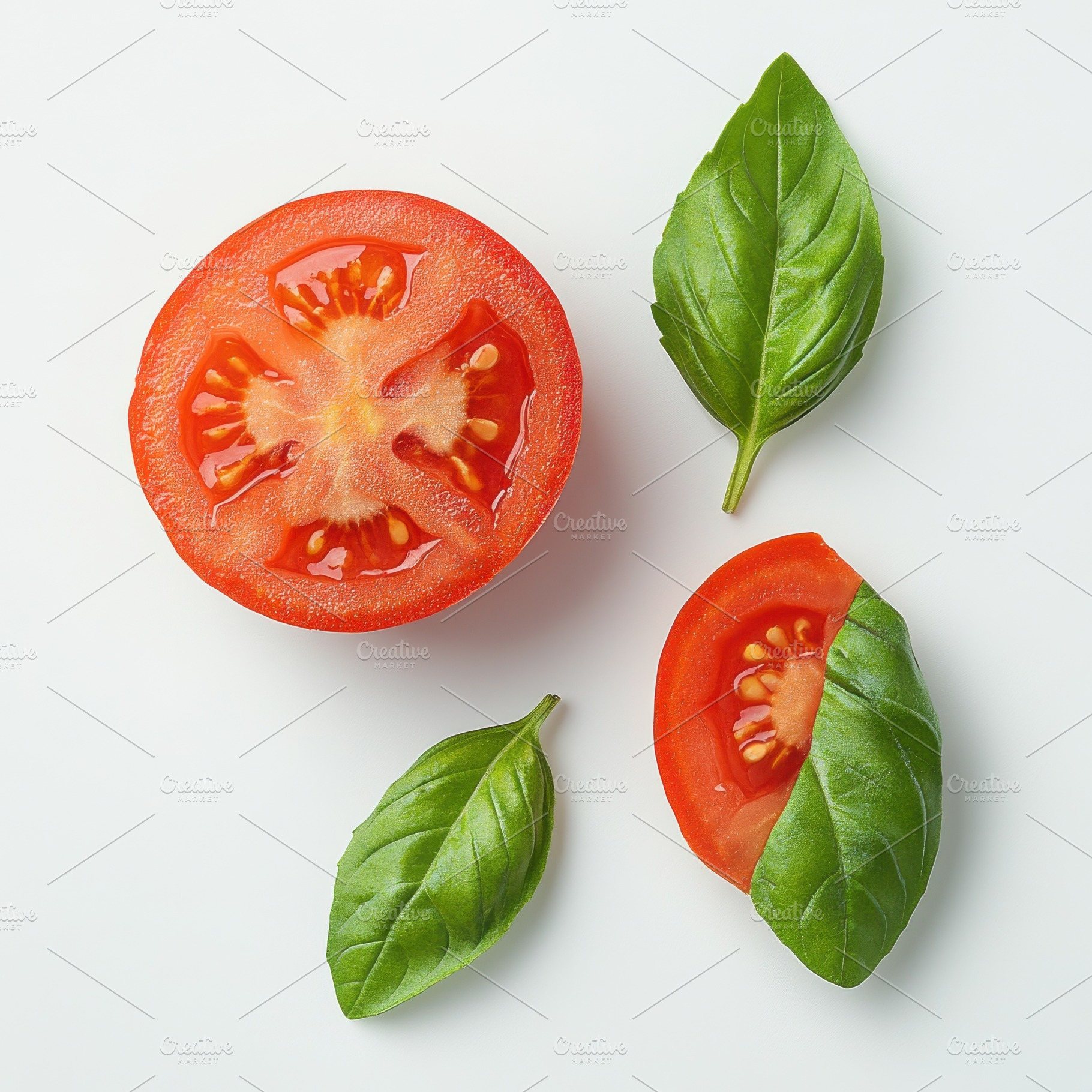 Ripe tomato with half a basil leaf,, a Food & Drink Photo by Pixeness Studio