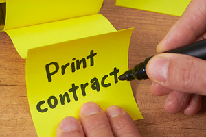 a man writing print contract on a sticky note, a Photo by Nito