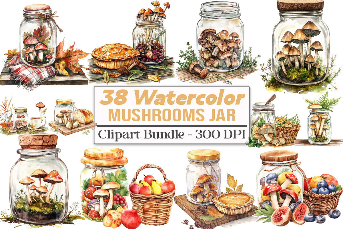 Mushrooms Jar Clipart, an Illustration by DreamCafeArt (Photo 1 of 5)