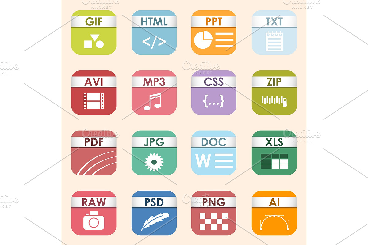 Vector square file types and formats labels icon set. File type format ...