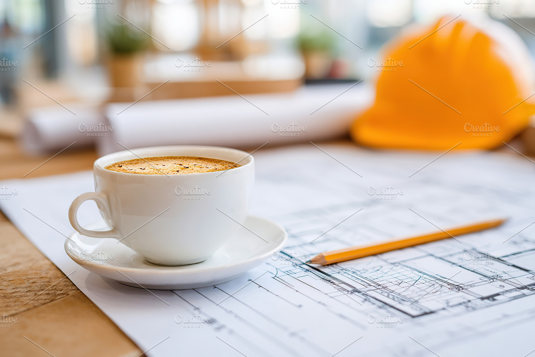 Coffee cup on desk next to engineering blueprint and hard hat during planning s, a Photo by AlyaAnd