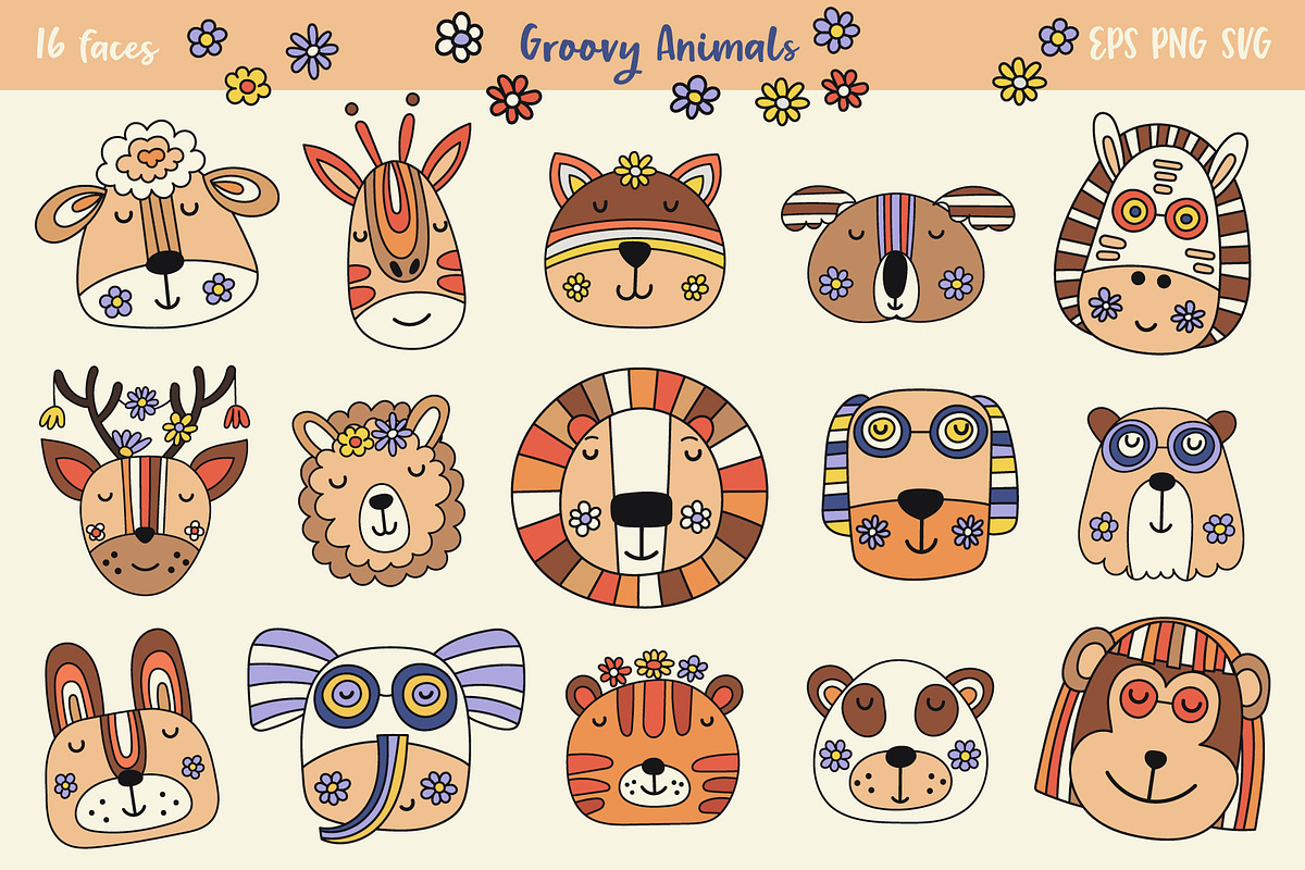 Groovy Animal Faces. Retro Cuties, an Animal Illustration by DearLetters (Photo 1 of 5)