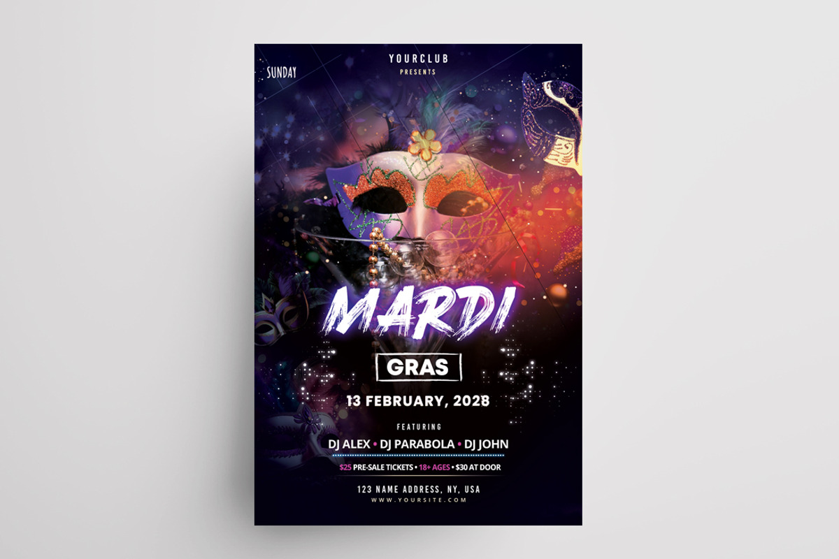 Mardi Gras Party Night Flyer (PSD), a Flyer Template by PixelsDesign (Photo 2 of 2)