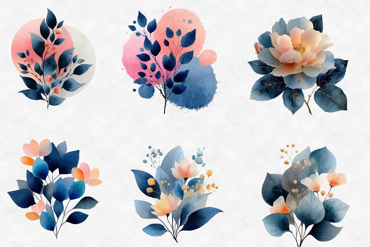 Watercolor Blush and Blue Leaves Flo, an Illustration by Designworld (Photo 2 of 6)