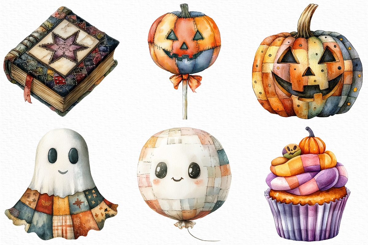 Watercolor Patchwork Halloween PNG, an Illustration by Craft Nest (Photo 3 of 6)
