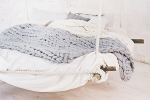 Bed, Scandinavian style, gray plaid.
