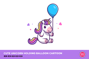 Cute Unicorn Holding Balloon Cartoon