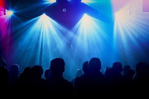 People at rock concert containing band, concert, and light
