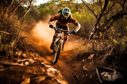 An action shot of a mountain biker speeding downhill on a rugged, a Sports & Recreation Photo by designvectx