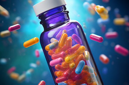 flying pill tablet capsule on blue background. levitation medicine., an Abstract Photo by Natalia Klenova's Shop