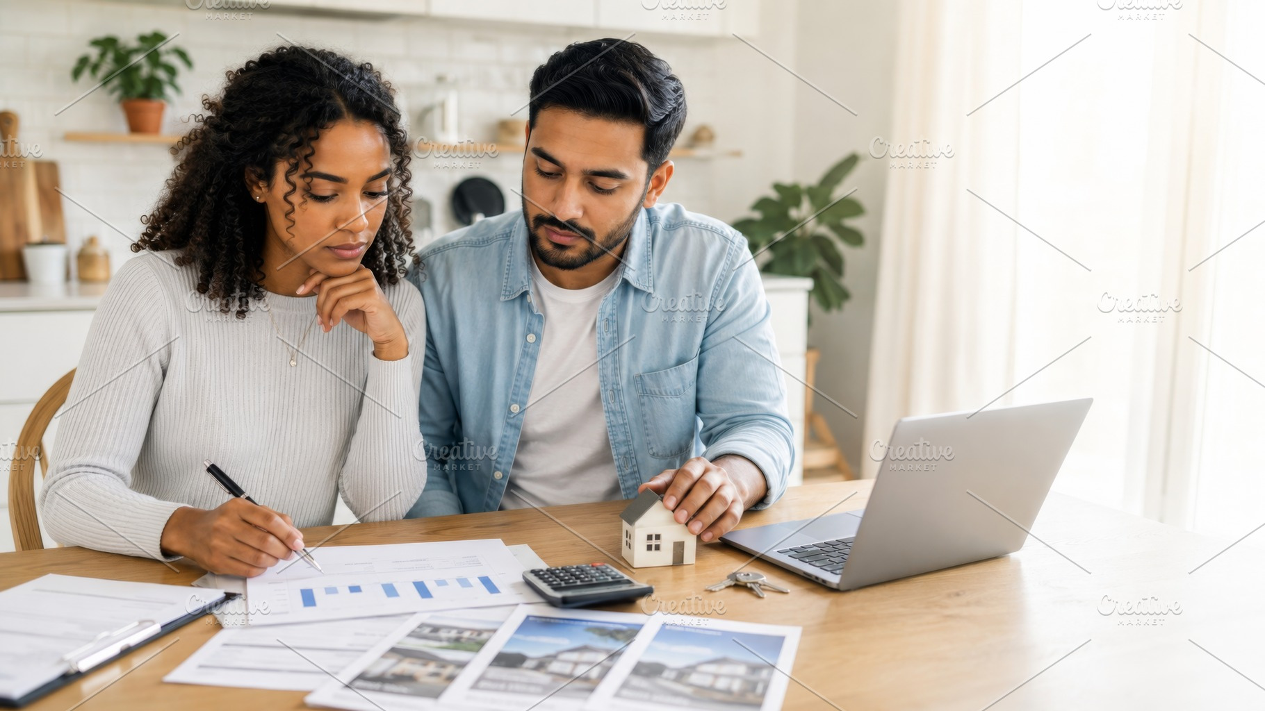 Young couple reviewing mortgage docu, a Photo by Dvoevnore photos