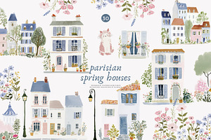 parisian spring houses watercolor, a Decorative Illustration by Patishop Art