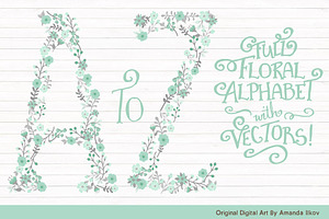 Mint & Grey Floral Alphabet Vectors, an Illustration by Amanda Ilkov