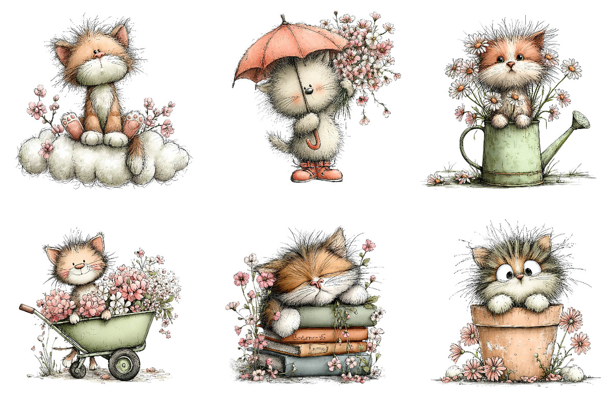 Whimsical Spring Cats Clipart, an Illustration by CreationArt (Photo 2 of 7)
