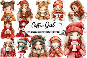 Christmas Coffee Girl Clipart, an Illustration by Daily.Designs