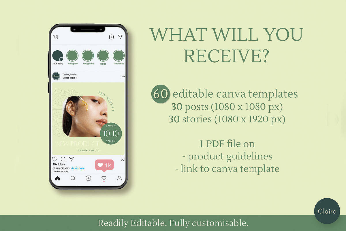 Green Skincare Instagram Creator Kit, a Social Media Template by Clairee Design Studio (Photo 3 of 7)